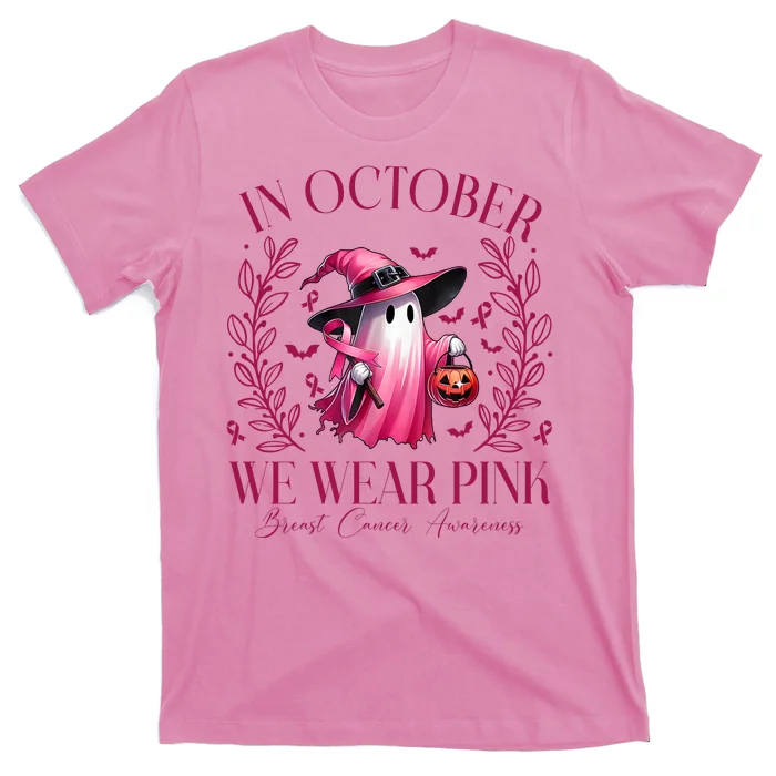 In October We Wear Pink Breast Cancer Awareness Halloween Ghost T-Shirt