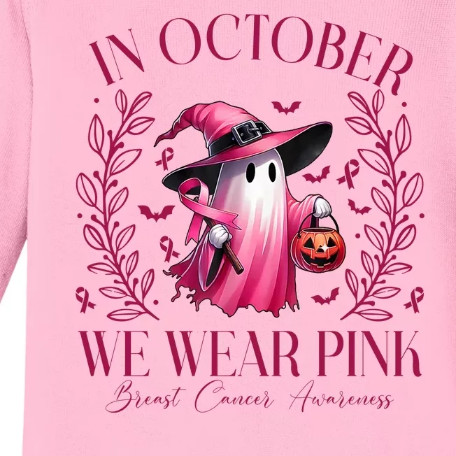 In October We Wear Pink Breast Cancer Awareness Halloween Ghost Baby Long Sleeve Bodysuit