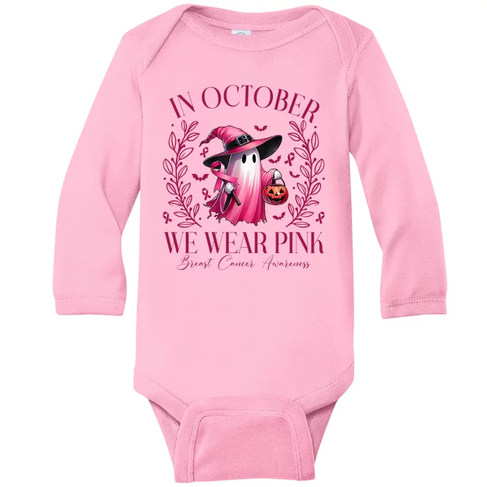 In October We Wear Pink Breast Cancer Awareness Halloween Ghost Baby Long Sleeve Bodysuit