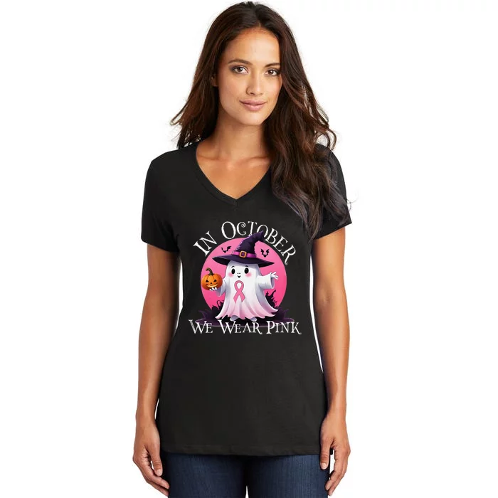 In October We Wear Pin.K Ghost Breast Cancer Awareness Women's V-Neck T-Shirt