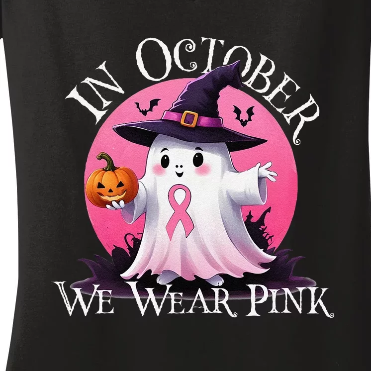 In October We Wear Pin.K Ghost Breast Cancer Awareness Women's V-Neck T-Shirt