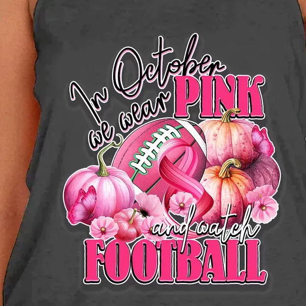 In October We Wear Pink And Watch Football Breast Cancer Women's Knotted Racerback Tank