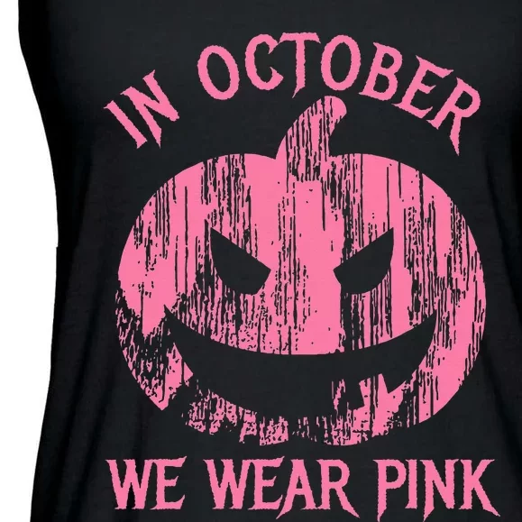 In October We Wear Pink Halloween Jack O Lantern Art Cancer Ladies Essential Flowy Tank