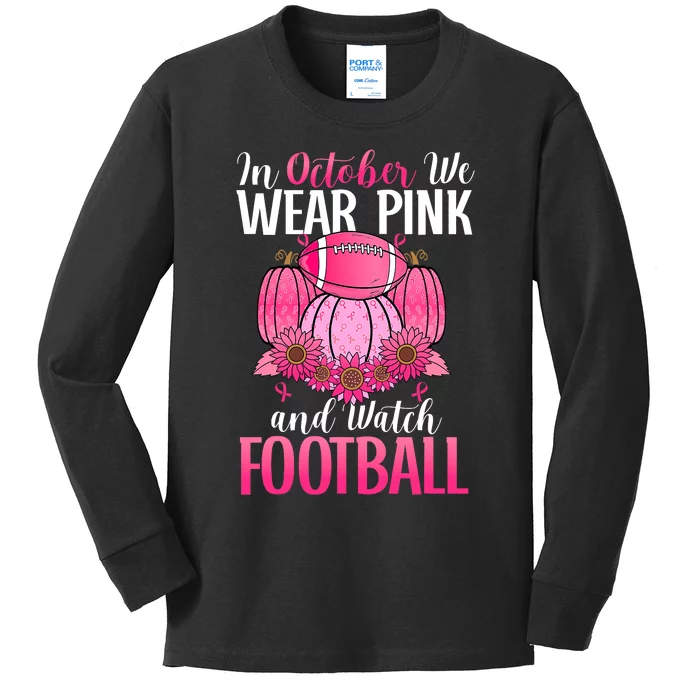 In October We Wear Pink Football Pumpkin Breast Cancer Kids Long Sleeve Shirt