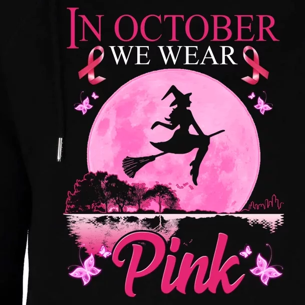 In October We Wear Pink Halloween Breast Cancer Womens Funnel Neck Pullover Hood