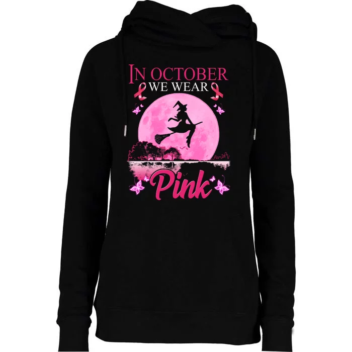 In October We Wear Pink Halloween Breast Cancer Womens Funnel Neck Pullover Hood