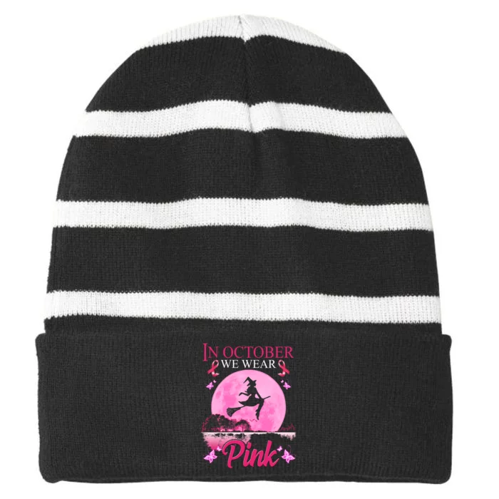 In October We Wear Pink Halloween Breast Cancer Striped Beanie with Solid Band