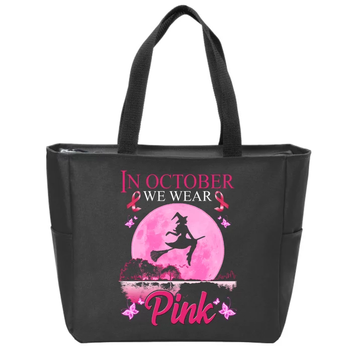 In October We Wear Pink Halloween Breast Cancer Zip Tote Bag