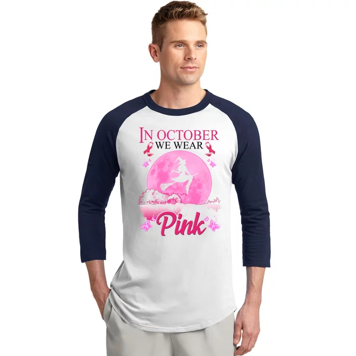 In October We Wear Pink Halloween Breast Cancer Baseball Sleeve Shirt