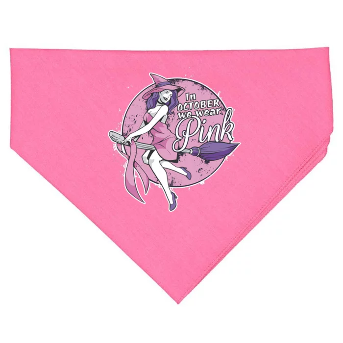 In October We Wear Pink Breast Cancer Witch Halloween USA-Made Doggie Bandana