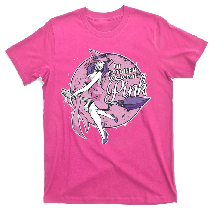 In October We Wear Pink Breast Cancer Witch Halloween T-Shirt