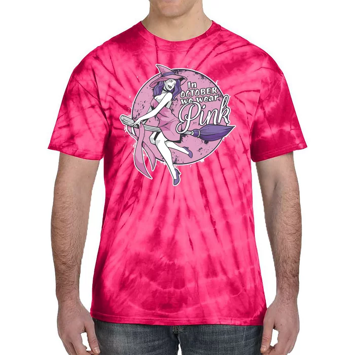 In October We Wear Pink Breast Cancer Witch Halloween Tie-Dye T-Shirt