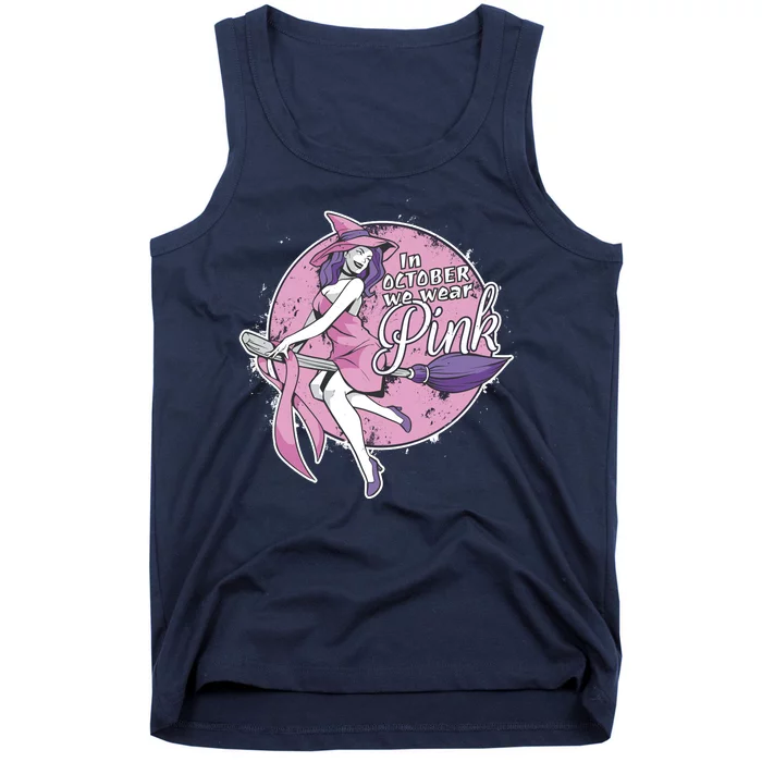 In October We Wear Pink Breast Cancer Witch Halloween Tank Top