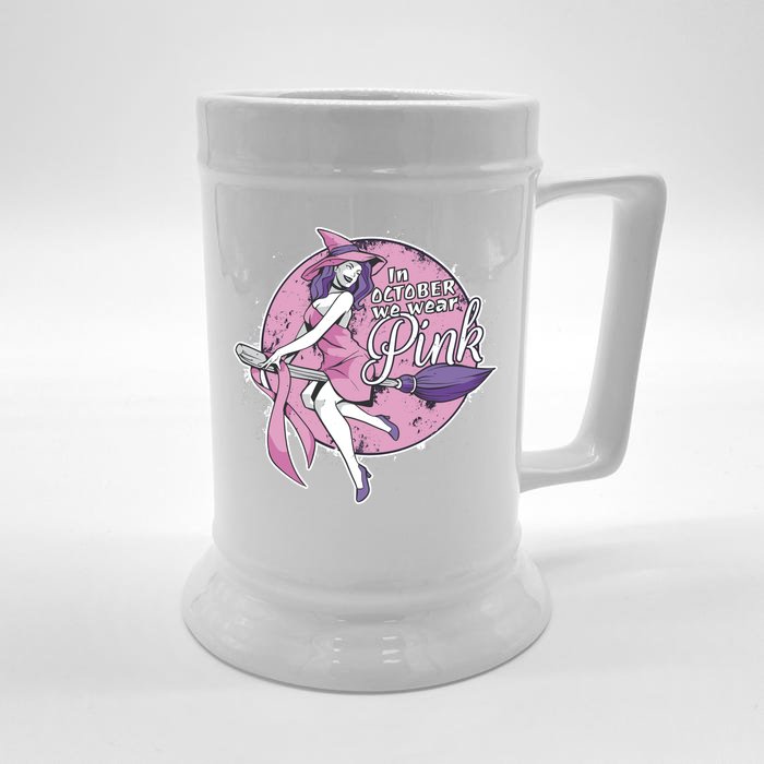 In October We Wear Pink Breast Cancer Witch Halloween Front & Back Beer Stein