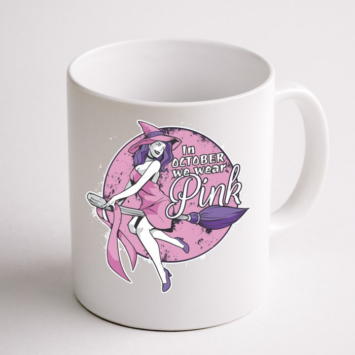 In October We Wear Pink Breast Cancer Witch Halloween Front & Back Coffee Mug