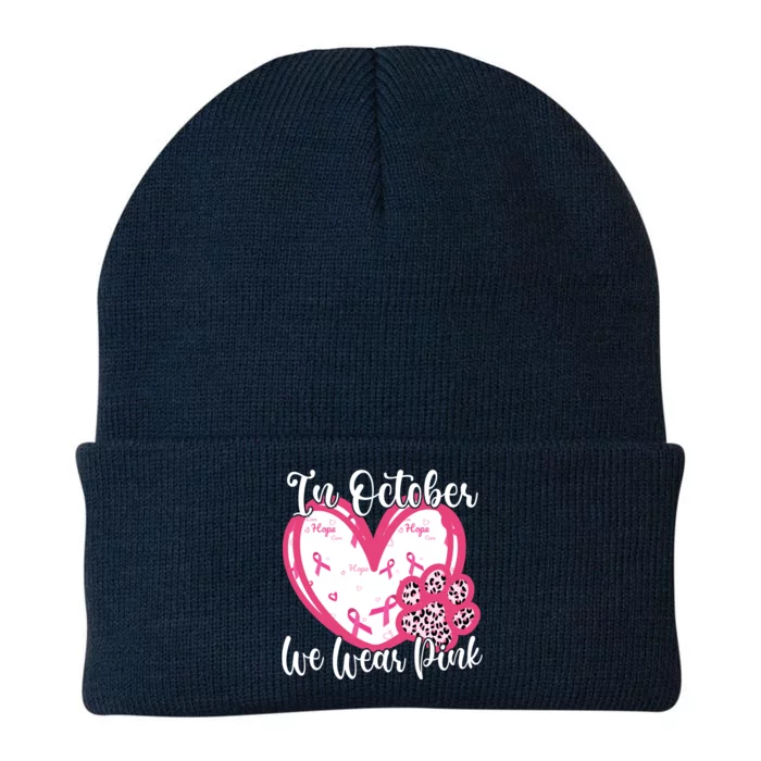 In October We Wear Pink Breast Cancer Paw Print Heart Knit Cap Winter Beanie