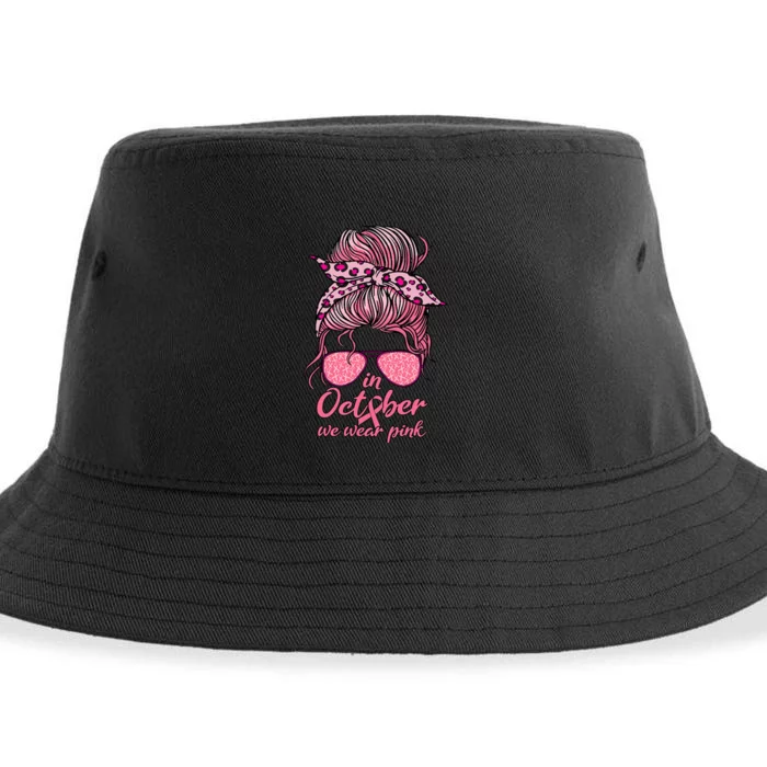 In October We Wear P.I.N.K Messy Bun Breast Cancer Women Sustainable Bucket Hat