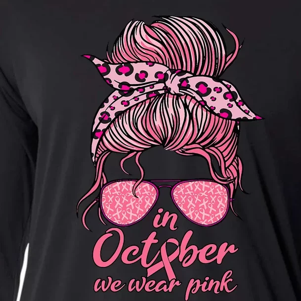 In October We Wear P.I.N.K Messy Bun Breast Cancer Women Cooling Performance Long Sleeve Crew