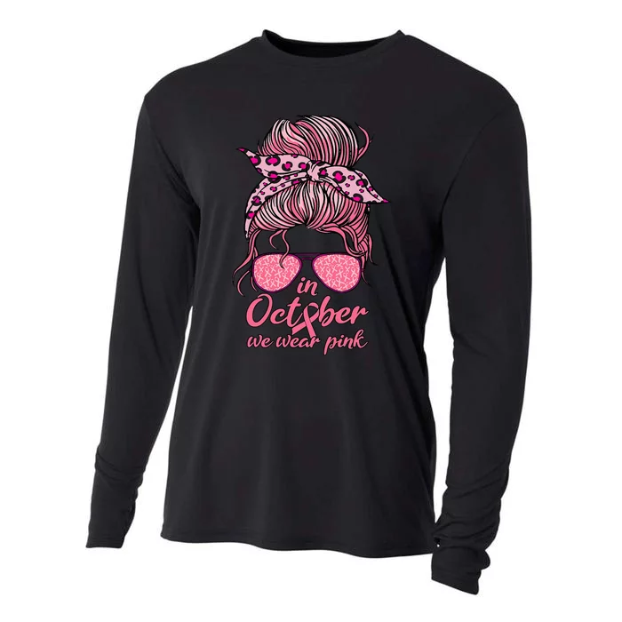 In October We Wear P.I.N.K Messy Bun Breast Cancer Women Cooling Performance Long Sleeve Crew