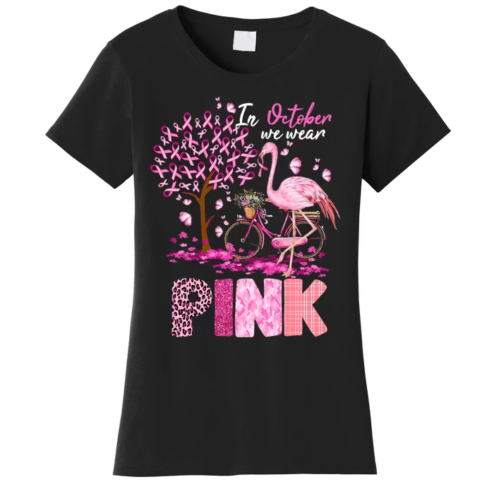 In October We Wear Pink Ribbon Cute Flamingo Breast Cancer Women's T-Shirt