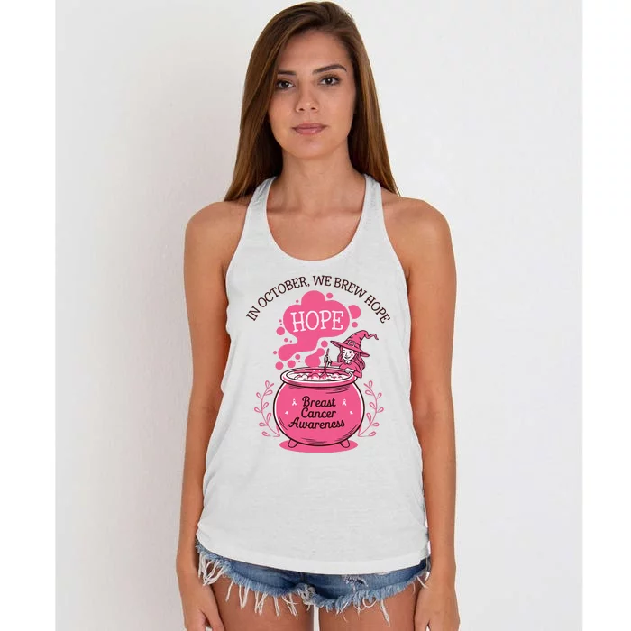 In October We Brew Hope Breast Cancer Awareness Retro Witch Women's Knotted Racerback Tank