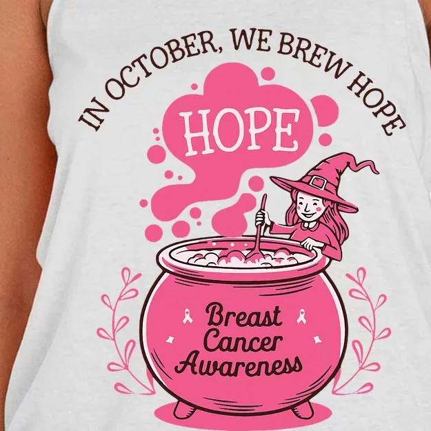 In October We Brew Hope Breast Cancer Awareness Retro Witch Women's Knotted Racerback Tank