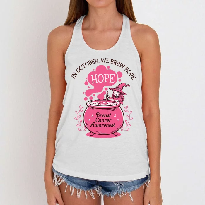 In October We Brew Hope Breast Cancer Awareness Retro Witch Women's Knotted Racerback Tank