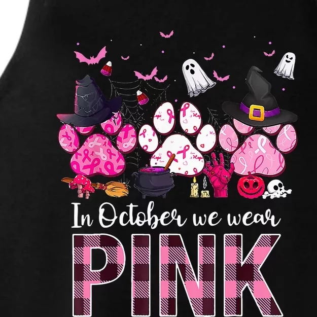 In October We Wear P.I.N.K Breast Cancer Halloween Dog Paws Ladies Tri-Blend Wicking Tank