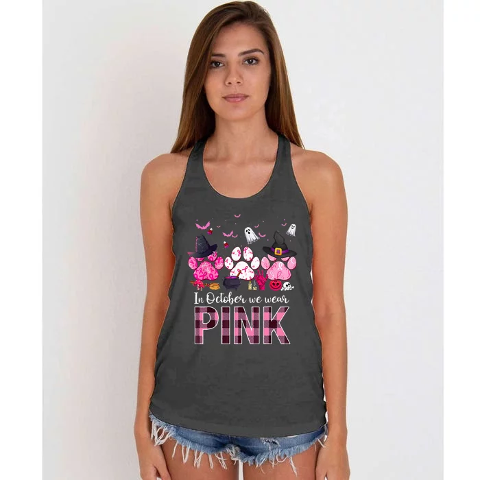 In October We Wear P.I.N.K Breast Cancer Halloween Dog Paws Women's Knotted Racerback Tank