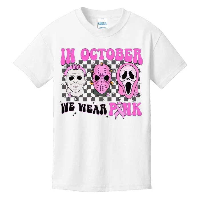 In October We Wear Pink Horror Movie Character Breast Cancer Kids T-Shirt