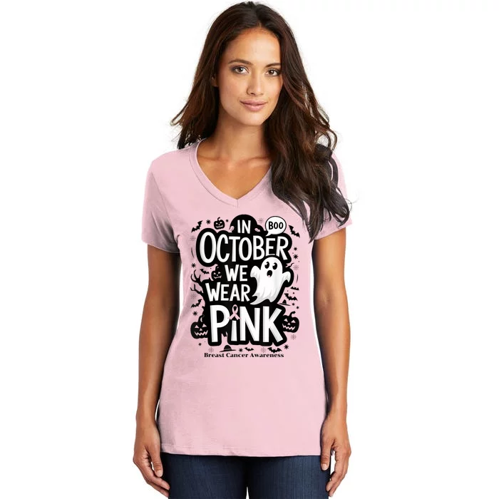 In October We Wear Ghost Halloween Breast Cancer Women's V-Neck T-Shirt