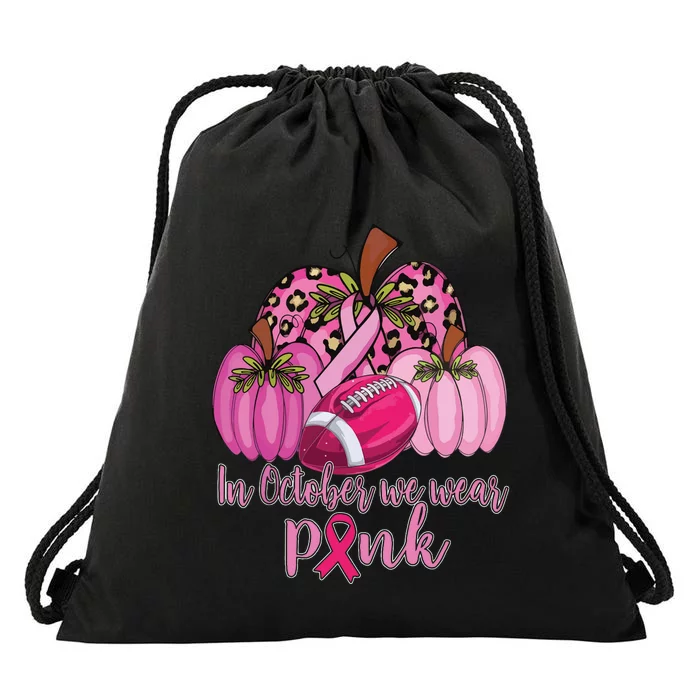 In October We Wear Pink Football Pumpkin Breast Cancer Drawstring Bag