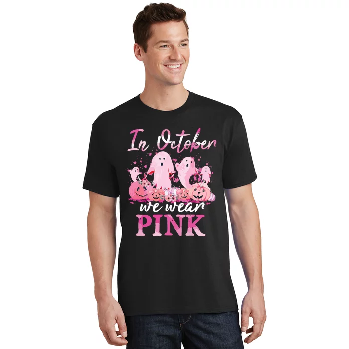 In October We Wear Pink Ghost Pumpkin Breast Cancer Warrior T-Shirt