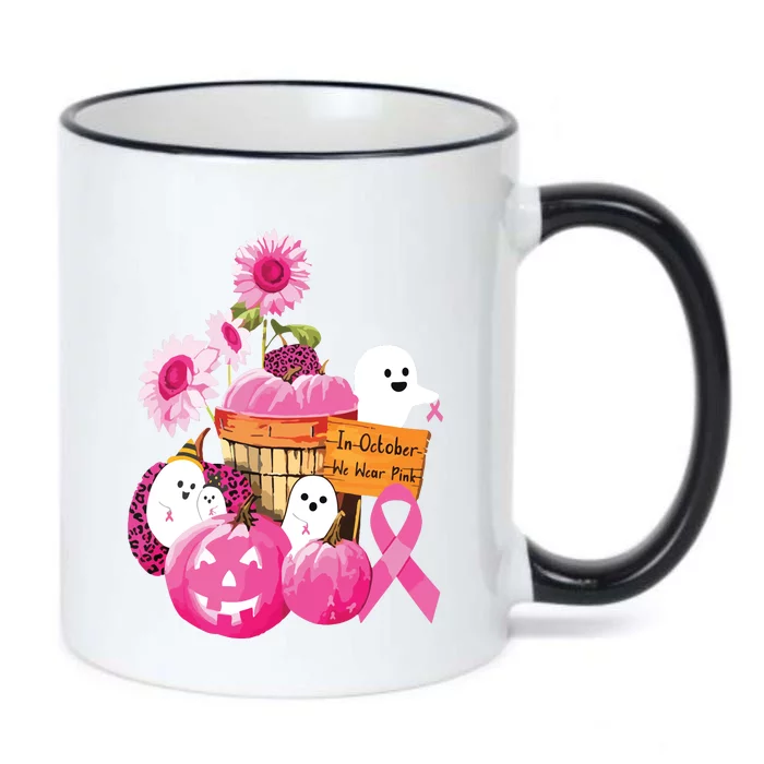 In October We Wear Pink Ghosts Pumpkins For Breast Cancer Black Color Changing Mug