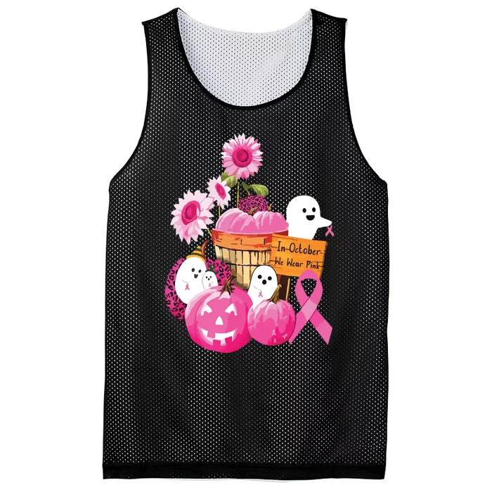 In October We Wear Pink Ghosts Pumpkins For Breast Cancer Mesh Reversible Basketball Jersey Tank