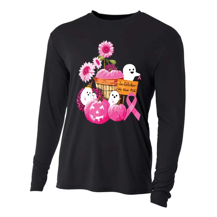 In October We Wear Pink Ghosts Pumpkins For Breast Cancer Cooling Performance Long Sleeve Crew