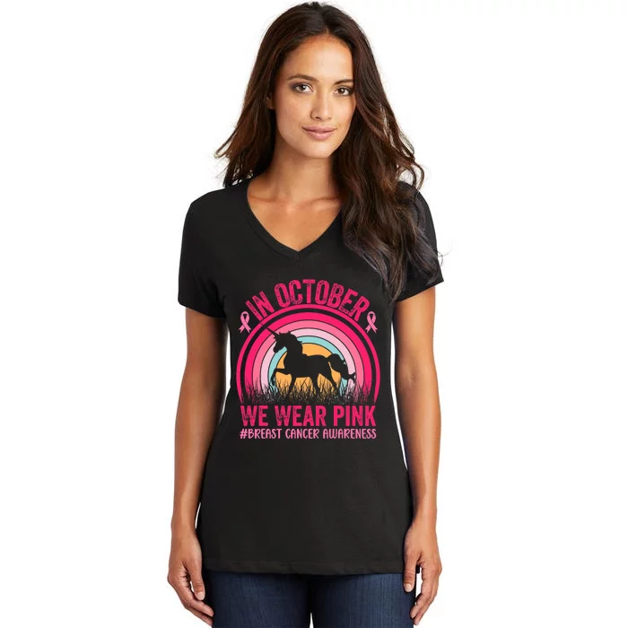 In October We Wear Pink Unicorn Breast Cancer Awareness Women's V-Neck T-Shirt