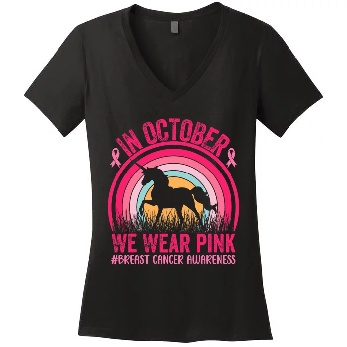 In October We Wear Pink Unicorn Breast Cancer Awareness Women's V-Neck T-Shirt