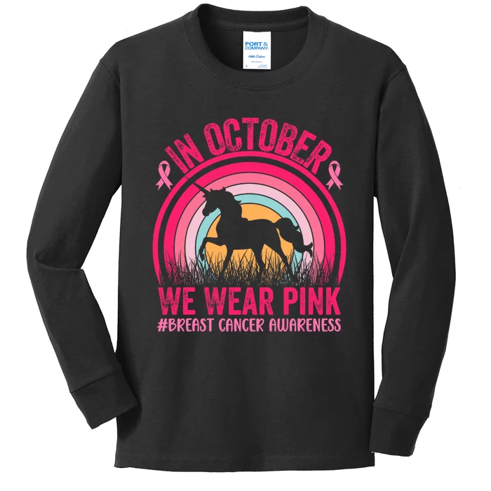 In October We Wear Pink Unicorn Breast Cancer Awareness Kids Long Sleeve Shirt