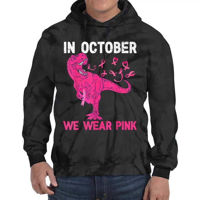 In October We Wear Pink Breast Cancer Trex Dino Kids Tie Dye Hoodie