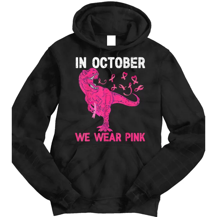 In October We Wear Pink Breast Cancer Trex Dino Kids Tie Dye Hoodie