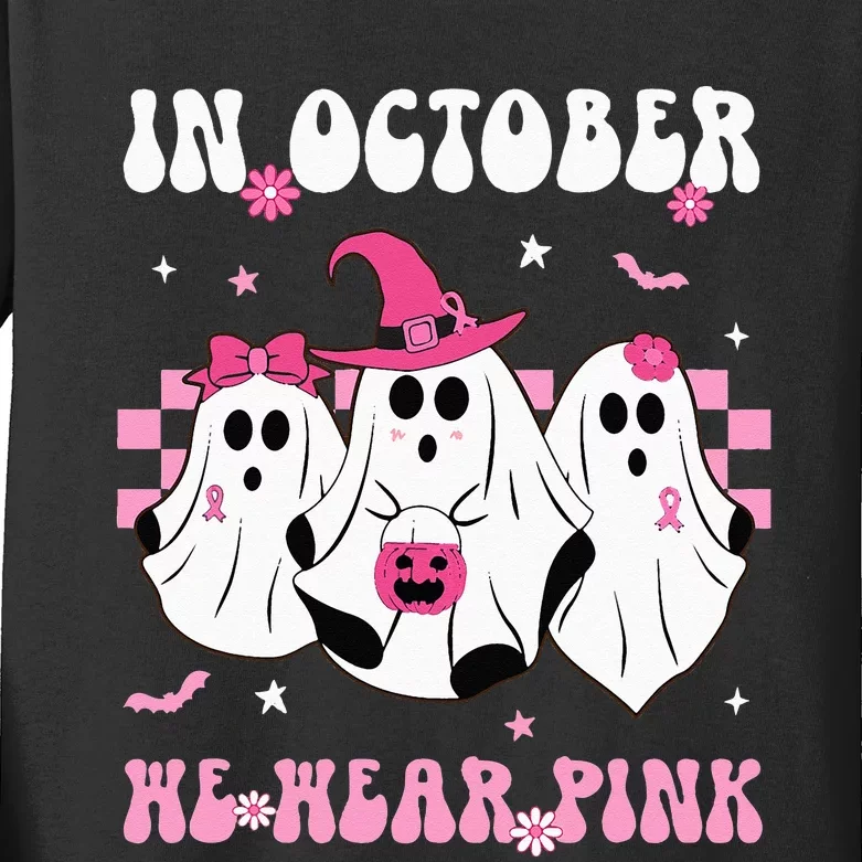 In October We Wear Pink Retro Ghosts Halloween Breast Cancer Kids Long Sleeve Shirt