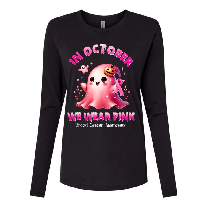 In October We Wear P.I.N.K. Ghost Witch Breast Cancer Awareness Womens Cotton Relaxed Long Sleeve T-Shirt