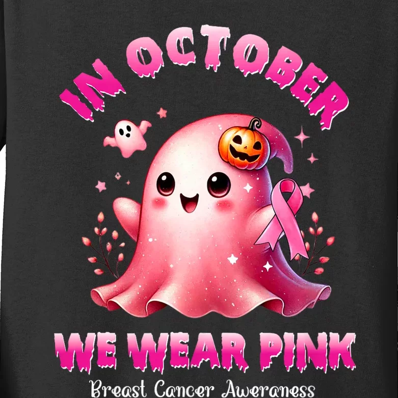 In October We Wear P.I.N.K. Ghost Witch Breast Cancer Awareness Kids Long Sleeve Shirt