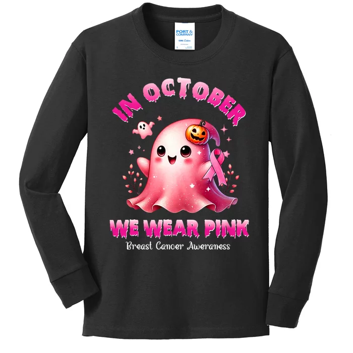 In October We Wear P.I.N.K. Ghost Witch Breast Cancer Awareness Kids Long Sleeve Shirt