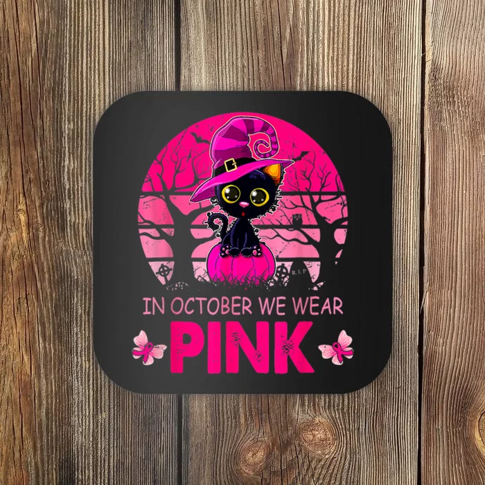 In October We Wear Pink Cute Cat Breast Cancer Awareness Coaster