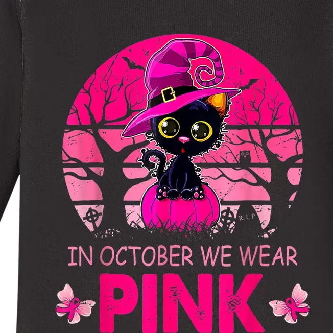 In October We Wear Pink Cute Cat Breast Cancer Awareness Baby Long Sleeve Bodysuit