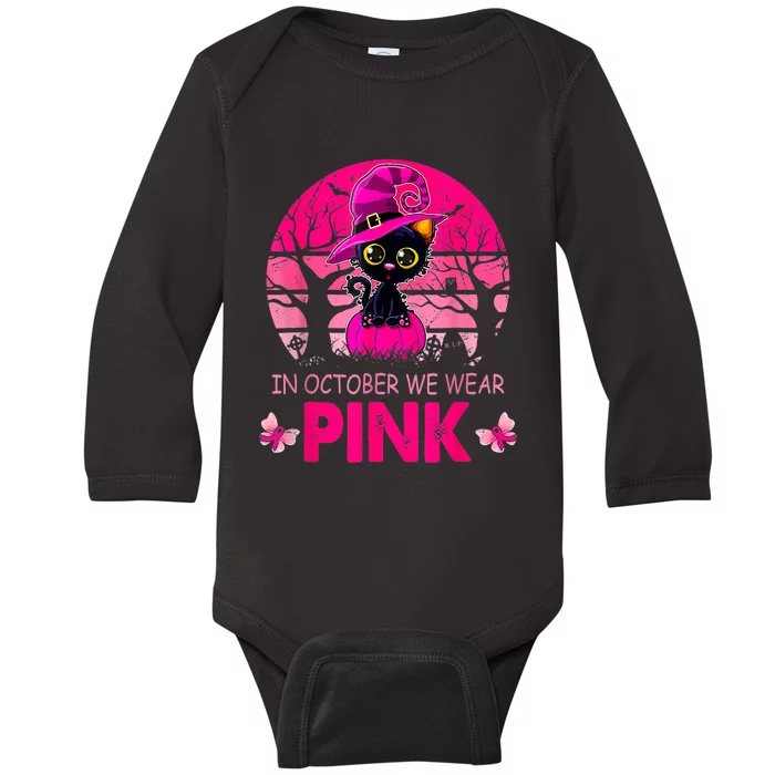 In October We Wear Pink Cute Cat Breast Cancer Awareness Baby Long Sleeve Bodysuit