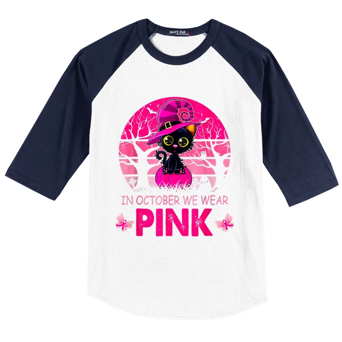 In October We Wear Pink Cute Cat Breast Cancer Awareness Baseball Sleeve Shirt