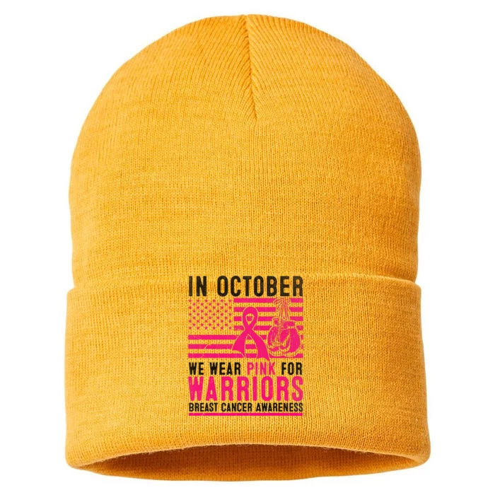 In October Wear Pink Support Warrior Awareness Breast Cancer Sustainable Knit Beanie